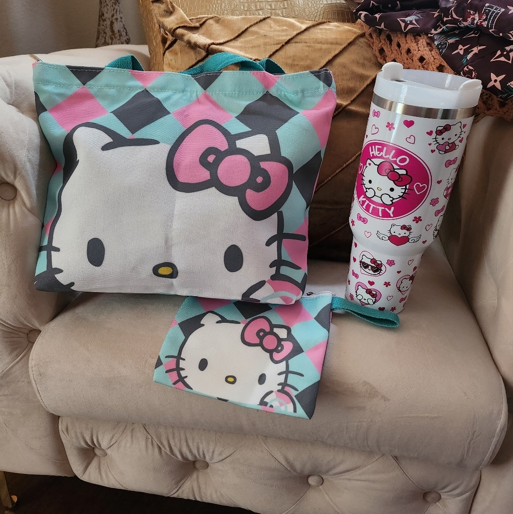 (Brand New) Mint green, pink and black Hello Kitty tote bag and white tumbler